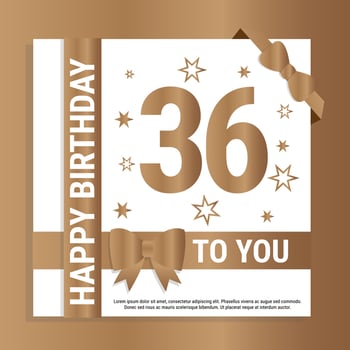 Happy 36th Birthday. Gold numerals and glittering gold ribbons. Festive background. Decoration for party event, greeting card and invitation, design template for birthday celebration. Eps10 Vector