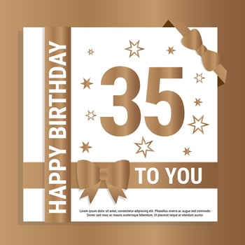 Happy 35th Birthday. Gold numerals and glittering gold ribbons. Festive background. Decoration for party event, greeting card and invitation, design template for birthday celebration. Eps10 Vector