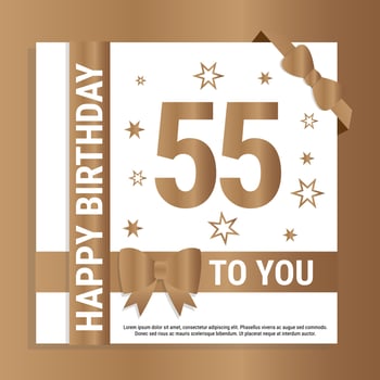 Happy 55th Birthday. Gold numerals and glittering gold ribbons. Festive background. Decoration for party event, greeting card and invitation, design template for birthday celebration. Eps10 Vector