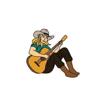 The cute cowgirl sitting playing guitar outline logo vector illustration