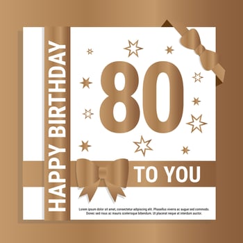 Happy 80th Birthday. Gold numerals and glittering gold ribbons. Festive background. Decoration for party event, greeting card and invitation, design template for birthday celebration. Eps10 Vector