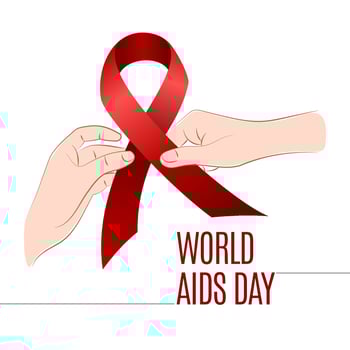 World AIDS Day. Holding hands with Red ribbon. Aids Awareness design for poster, banner, t-shirt. Vector illustration isolated on white background.