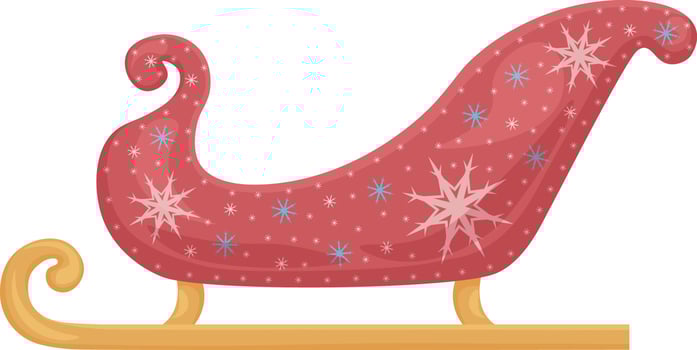 Santa Claus sleigh. Santa's bright red sleigh decorated with white and blue snowflakes. Santa Claus Christmas transport. Vector illustration isolated on a white background