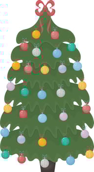 A Christmas tree. A bright Christmas tree decorated with festive toys, a garland and a red bow on the top of the head. Vector illustration of a Christmas pine tree isolated on a white background