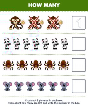 Education game for children count how many cute cartoon monkey panda tarantula koala and write the number in the box printable animal worksheet vector