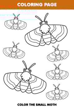Education game for children coloring page big or small picture of cute cartoon moth line art printable bug worksheet vector