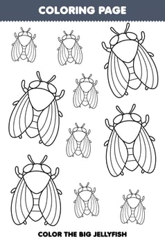 Education game for children coloring page big or small picture of cute cartoon cicada line art printable bug worksheet vector