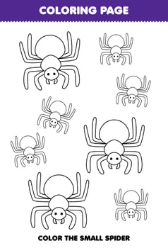 Education game for children coloring page big or small picture of cute cartoon spider line art printable bug worksheet vector