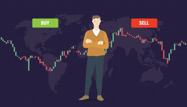 buy or sell concept for stock market trading with people standing and candle stick background with modern flat style vector