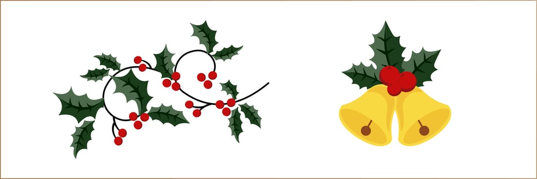 Christmas Holly Specie Twig with Red Berries and bells vector
