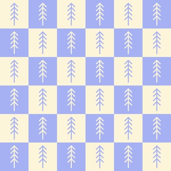 Retro groovy Christmas seamless pattern in style 60s, 70s. Monochrome checkered background with geometric fir tree. Vector illustration. Pastel colors