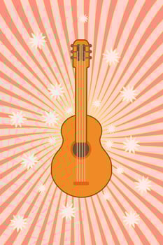 Groovy music with retro guitar. Hippie style. Vintage art design. Musical instrument. Cartoon. Vector illustration on a jolly background.