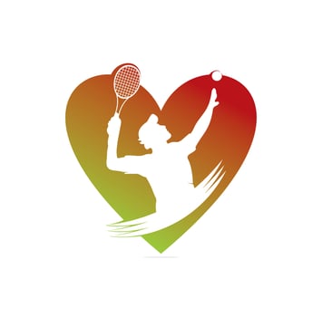 tennis heart shape concept logo designs with tennis players ball and racket logo design inspiration vector