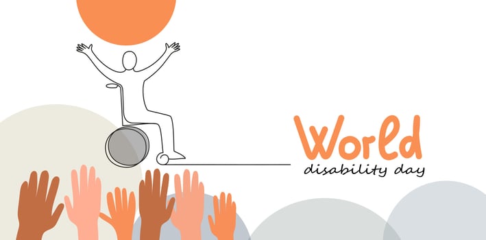 Person in wheelchair. World Disability day vector doodle banner. Continuous line drawing illustration for social media.