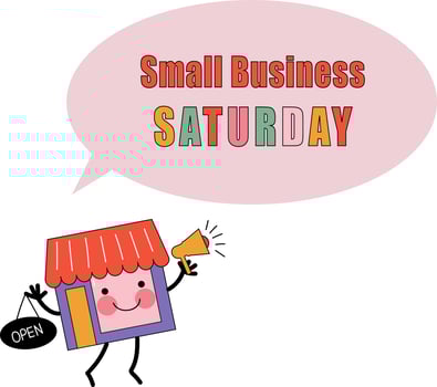 funny store character  with megaphone and a sign opensaturday small business event, vector doodle cartoon flat illustration , banner, poster, flyer for social media