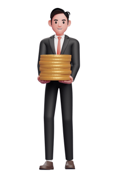 businessman in black formal suit carry piles of gold coins, 3d illustration of a businessman in black suit holding dollar coin png