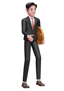 businessman in black suit walking while carrying coins, 3d illustration of a businessman in formal suit holding dollar coin png