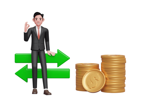 businessman in black formal suit sitting on exchange rate ornament with hand gesture ok finger, 3d rendering of business investment concept png