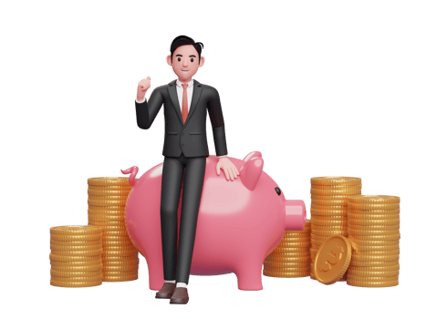businessman in black formal suit sitting on pig piggy bank and celebrating clenching hands, 3d rendering of business investment concept png