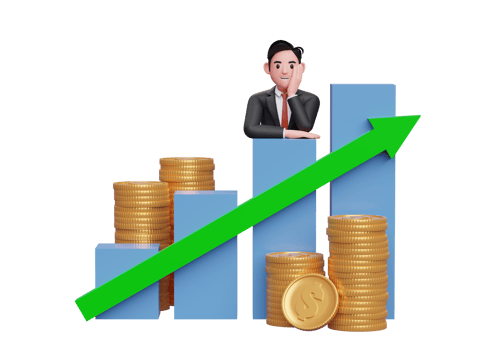 3d businessman in black formal suit putting her chin in hand while leaning on bar chart Stock growth with up graph statistics arrow png