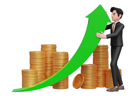 businessman in black formal suit trying to raise green arrow up, on gold coin pile ornament background, 3d rendering of business investment concept png