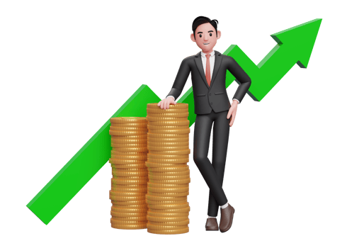businessman in black formal suit leaning on pile of gold coins with growing statistics ornament on the back, 3d rendering of business investment concept png