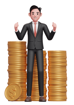 Happy businessman in black formal suit getting lots of piles of gold coins, 3d illustration of a businessman in formal suit holding dollar coin png