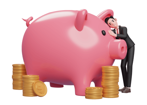 happy businessman in black formal suit hugging big piggy bank, 3d rendering of business investment concept png