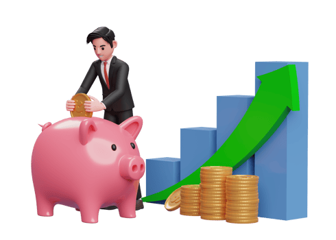 businessman in black formal suit saving gold coins into piggy bank with bar chart and green arrow up, 3d rendering of business investment concept png