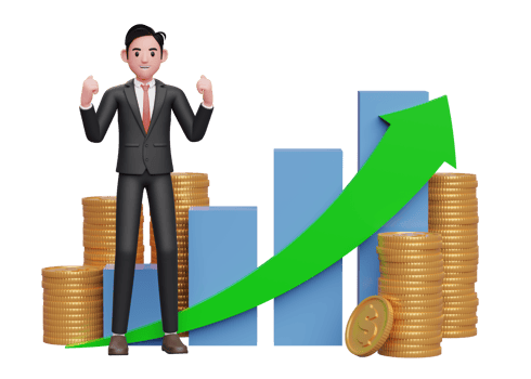 businessman in black formal suit celebrating with clenched fists in front of positive growing bar chart with coin ornament, 3d rendering of business investment concept png