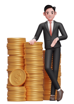 businessman in formal suit blue tie standing with crossed legs and leaning on pile of coins, 3d illustration of a businessman in formal suit holding dollar coin png