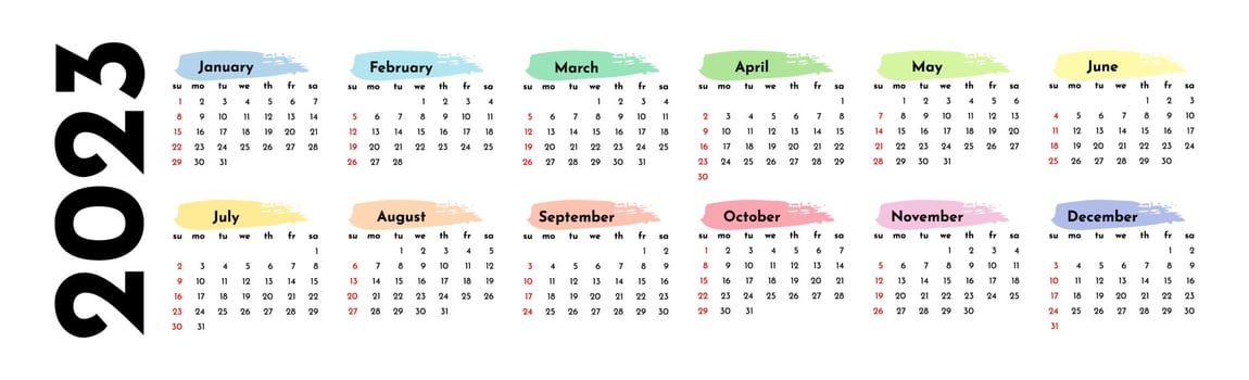 Horizontal calendar for 2023 isolated on a white background. Sunday to Monday, business template. Vector illustration