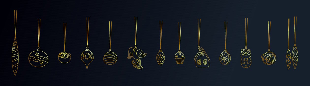 Golden christmas baubles vector illustration isolated on dark blue