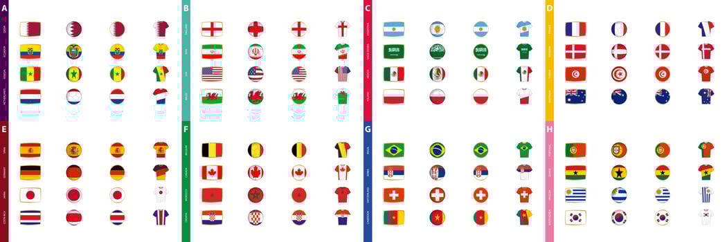 Collection of soccer tournament flags, a large set of flags sorted by football competition group. vector