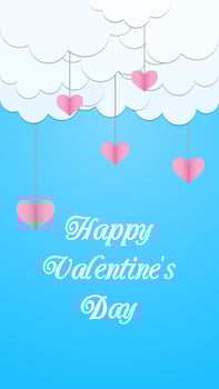 Design for a banner, postcard, smartphone wallpaper for valentine's day. Blue sky with clouds and paper cut hearts. Vector illustration