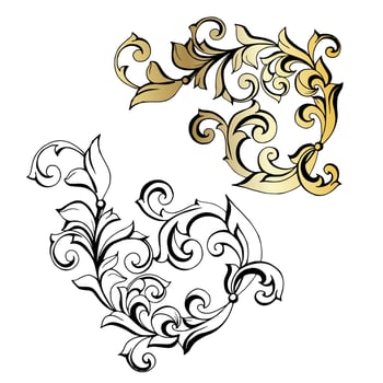 Vector damask vintage baroque scroll ornament swirl. Victorian monogram heraldic shield swirl. Retro floral leaf pattern border foliage antique  acanthus calligraphy engraved tattoo.Tile decor element