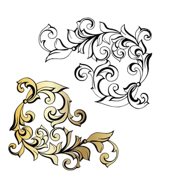 Vector damask vintage baroque scroll ornament swirl. Victorian monogram heraldic shield swirl. Retro floral leaf pattern border foliage antique  acanthus calligraphy engraved tattoo.Tile decor element