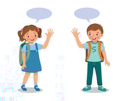two cute schoolkids with backpack boy and girl say goodbye or hello waving hands to each others vector