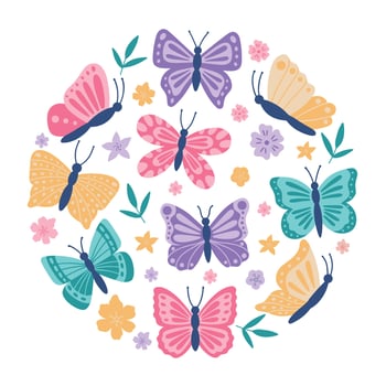 Butterflies and flowers doodle set. Flying insects in sketch style. Hand drawn vector illustration isolated on white background