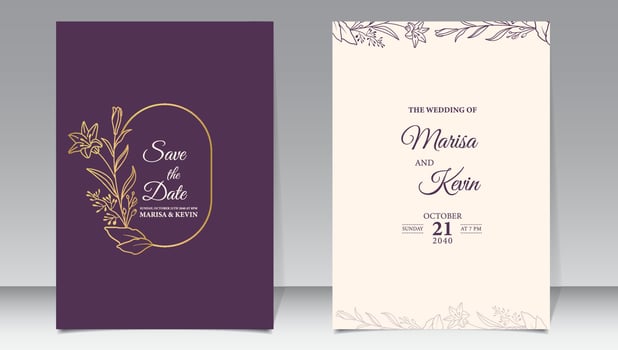 Luxury wedding invitation with gold line style minimalist floral premium vector