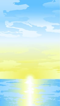 Ocean sunrise or sunset vector illustration. Bright yellow sunshine over the ocean for graphic, wallpaper, resources, business, design or decoration.  Yellow sunset or sunrise over the sea vector
