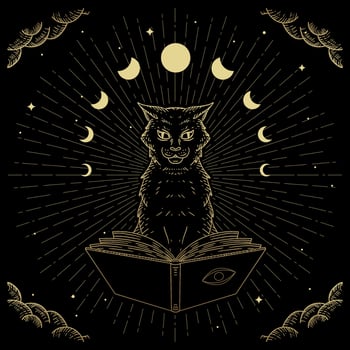 Hand drawn Magical and mystical black cat vector