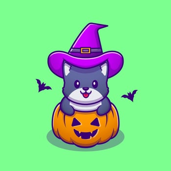 Cute Witch Cat With Pumpkin Halloween Cartoon Vector Icon Illustration. Animal Halloween Icon Concept Isolated Premium Vector. Flat Cartoon Style