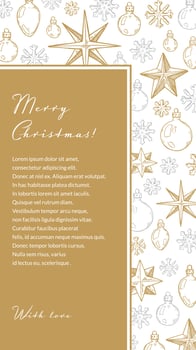 Merry Christmas and Happy New Year vertical greeting card with hand drawn golden five pointed stars and snowflakes. Vector illustration in sketch style. Social media stories template