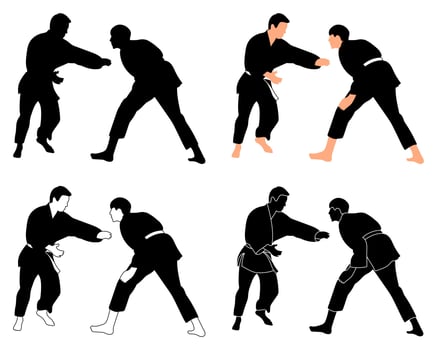 Silhouettes judoist, judoka, fighter in a duel, fight, judo sport, martial art, sport silhouettes pack vector