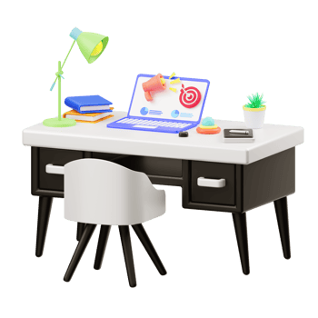 3d illustration of a desk with a laptop and digital marketing illustration png