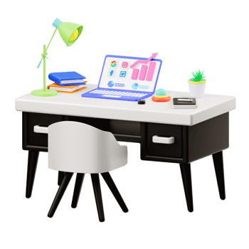 3d illustration of a desk with a laptop and digital marketing illustration png