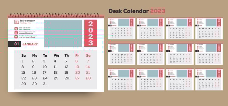 Minimal style desk calendar 2023 template  with Place for Photo, Company Logo and  Company information. vector