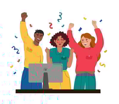 Colleagues woman and  men rejoice winning tender. Signing an important contract. Vector illustration flat style