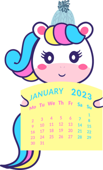 Calendar 2023 month january.Holds a unicorn in a winter hat. png